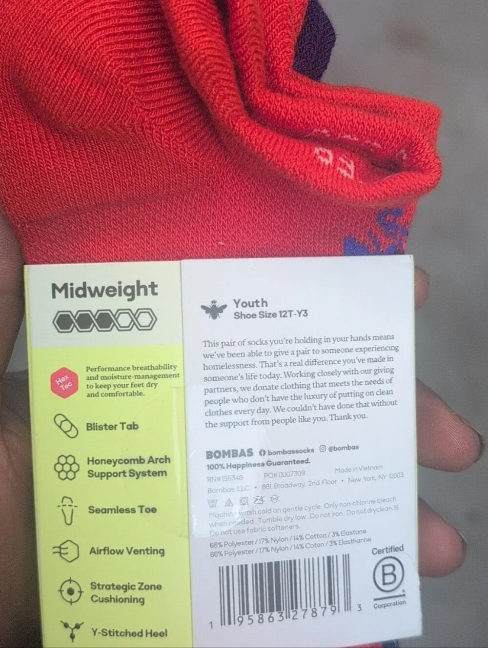 Bombas Youth Midweight Ankle Socks 3pk Multi Color Size 12T-3Y